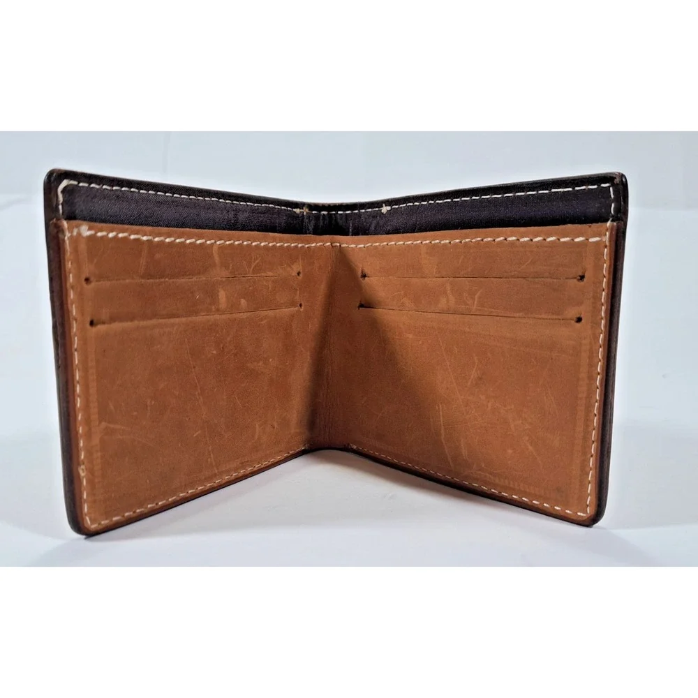 Rednecks‎ & Radicals Mens Brown Distressed Leather Bifold Wallet Barber Logo
